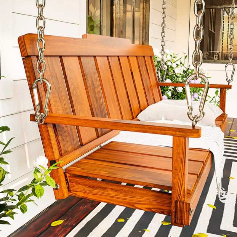 Metallic Finish Hanging Porch Swing for 2, Waterproof Solid Wood with Chain