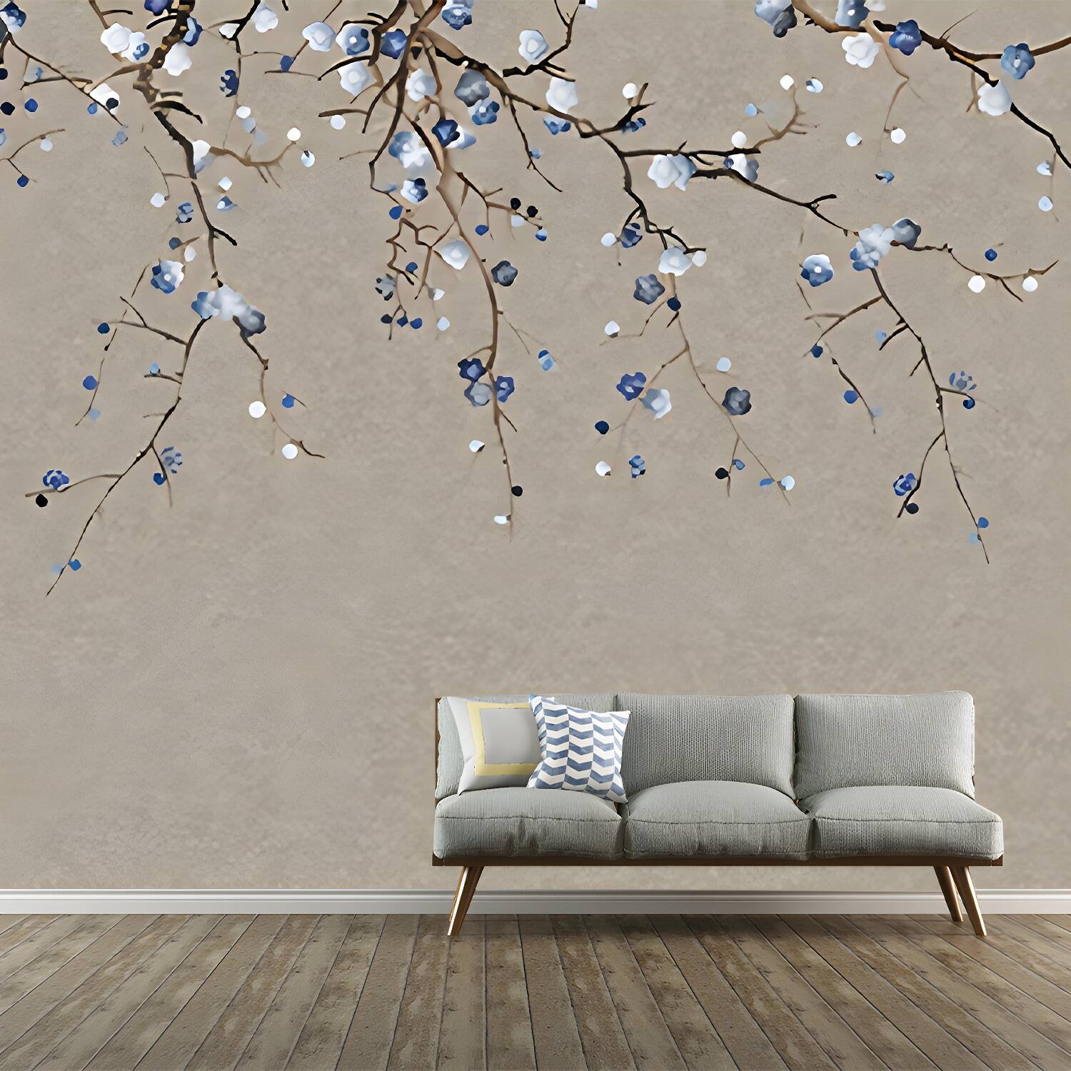 Oriental Blooming Plum Wall Murals for Living Room Custom Wall Covering in Pastel Colour