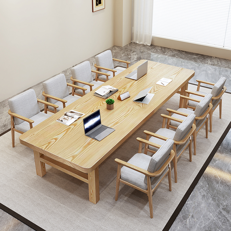 Natural Finish Minimalist Meeting Table with Wear Resistant Solid Wood Rectangle Top for Seats 8/6 People/4-person Seat