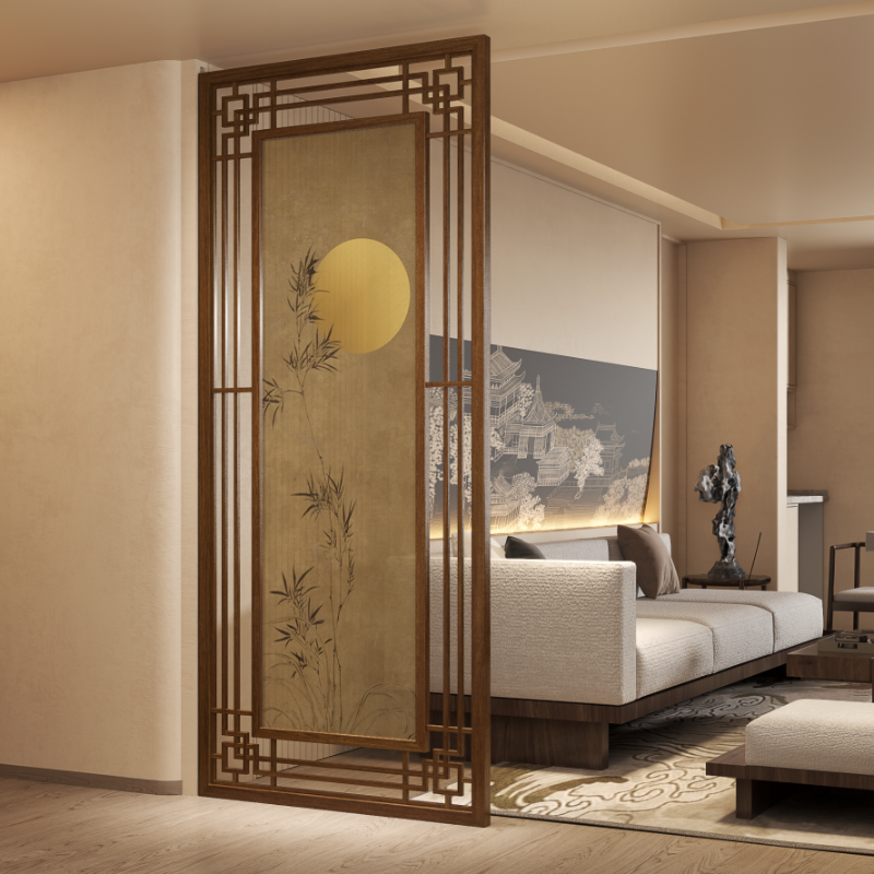 Tan Indoor Translucent Single Panel Room Divider Wall with Double Sided Print and Gauze Screen Material