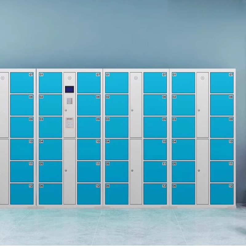 Ruby/Dark Blue/Sand 6-Tier Commercial Lockers with 10 or More Compartments, 5-Wide or More, Includes Lock, Name/Number Plate, and Locker Base