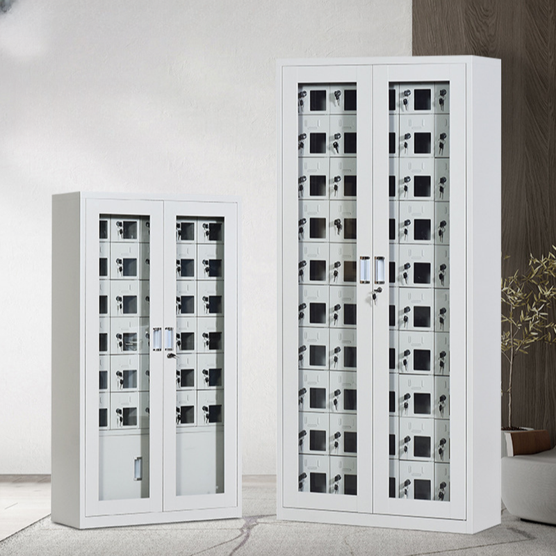 Light Gray 6 or more/5-tier/4-layer Cell Phone Lockers with Key Locking Mechanism, Clear Doors, 10 or More Compartments/9 Compartments/6 Compartments, 5-Wide or more/3-Wide, and Locker Base