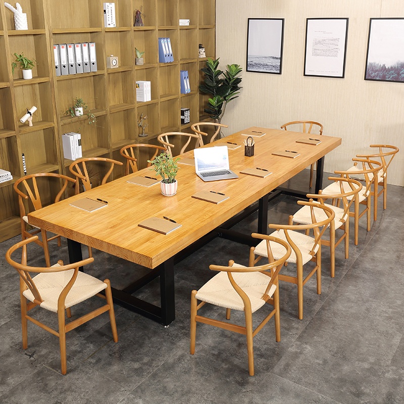 Natural Finish Art Deco Meeting Table, Waterproof Rectangle for Seats 8 with Solid Wood Tabletop