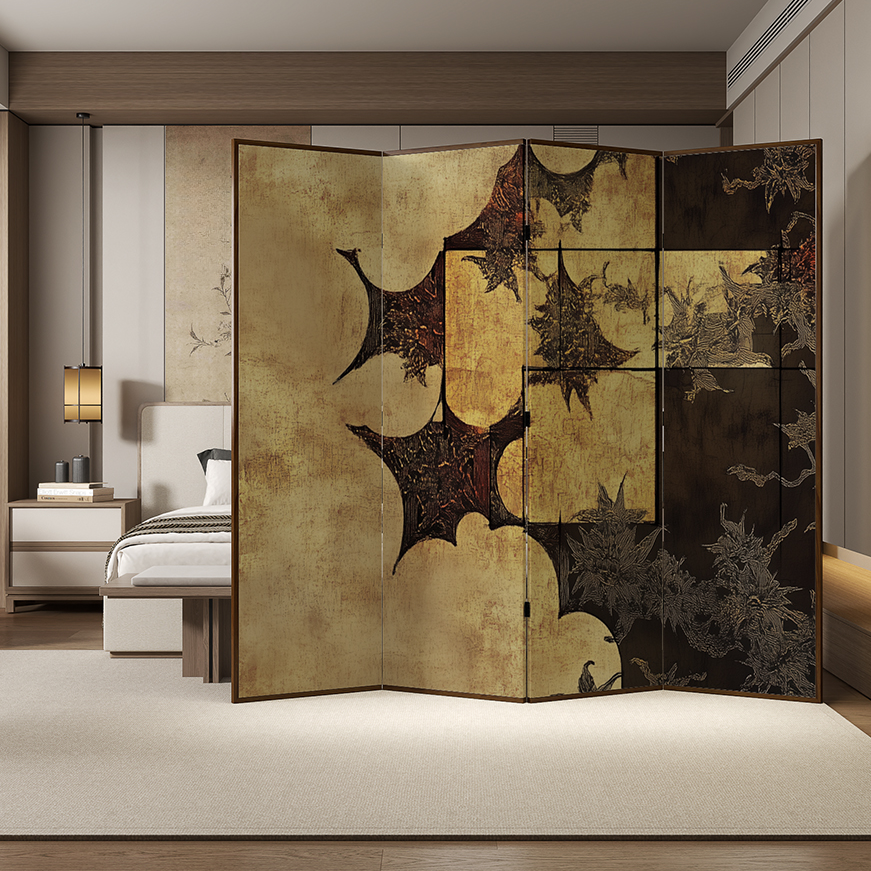 Auburn Indoor Opaque Folding Room Divider Wall with Natural Wood Frame, 4 Panels, and Double Sided Print