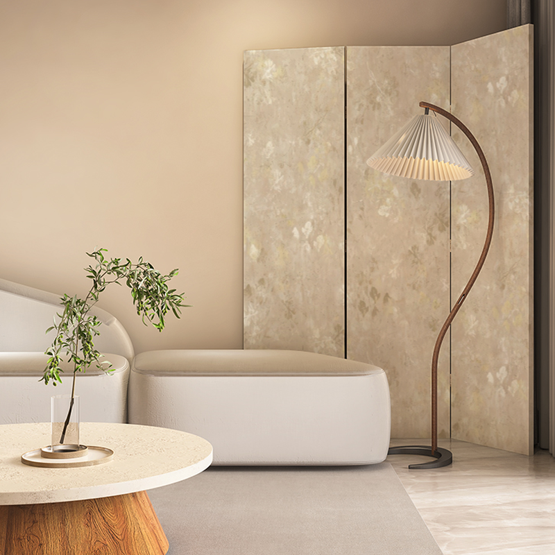 Cream Indoor Opaque Folding Room Divider Wall with Natural Wood Frame, 3 Panels, and Double Sided Print