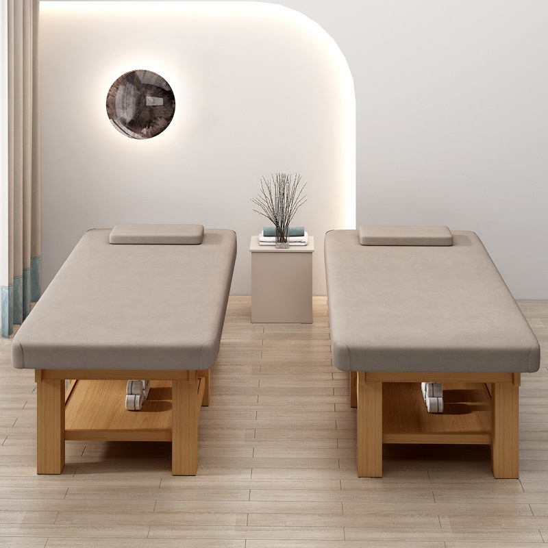 Fixed Height Natural Wood Facial Bed with Rectangle Trestle Base and Protective Feet