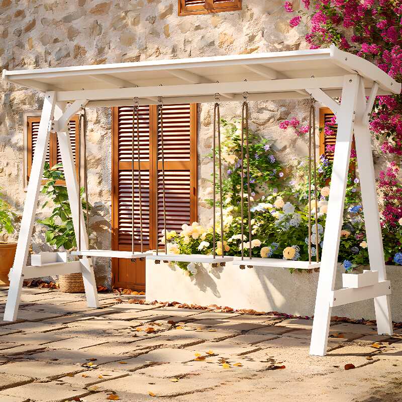 Azure/Wood Grain Porch Swing with Stand for 3/Seating for 2, Wood Frame, Includes Chain, Canopy, and Stand