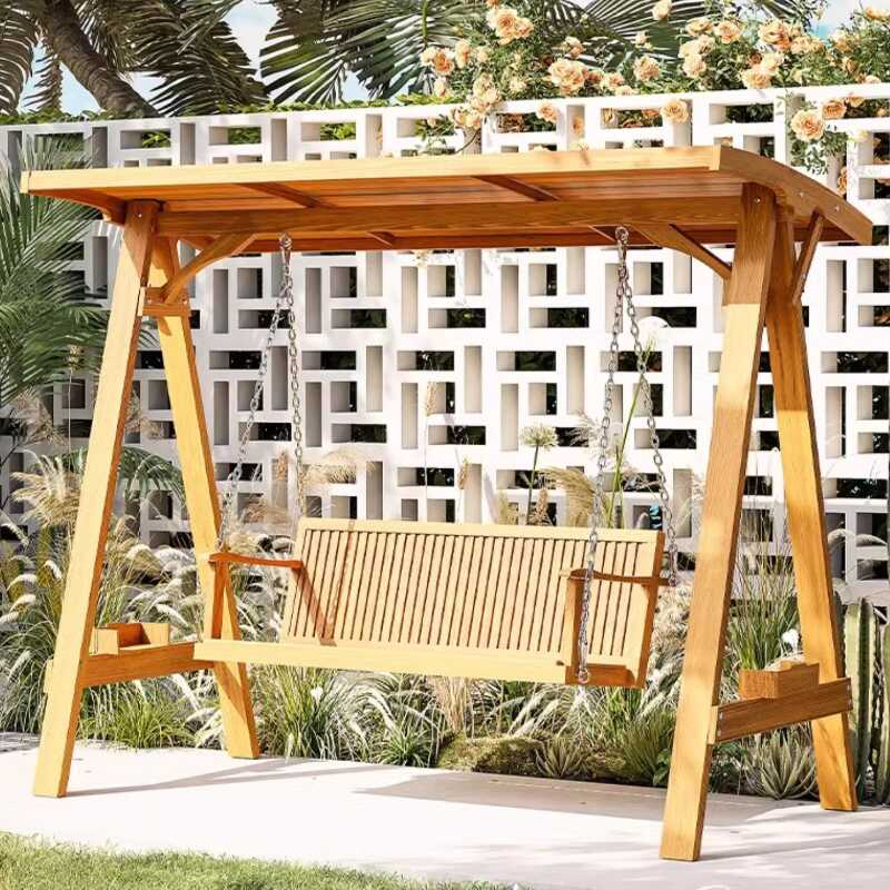 Light Blue/Light Brown/Lemon Colour Porch Swing with Stand, Seating for 2/3, Manufactured Wood Frame, Wood Canopy, Chain and Stand Included