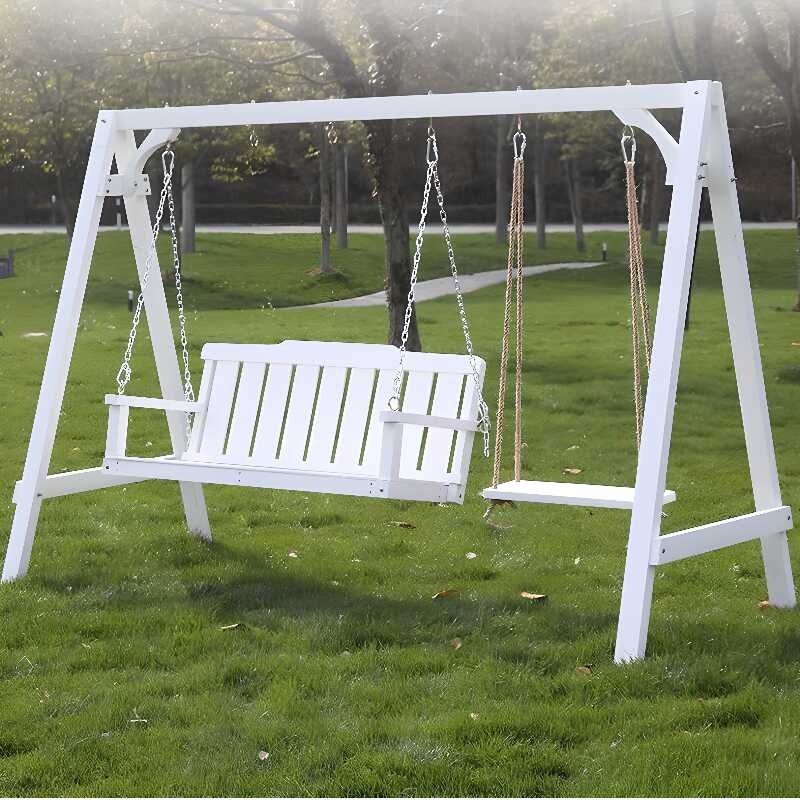 Azure/Sepia/Wood Grain Porch Swing with Stand for 3/Seating for 2, Manufactured Wood Frame, Chain, Canopy, and Stand