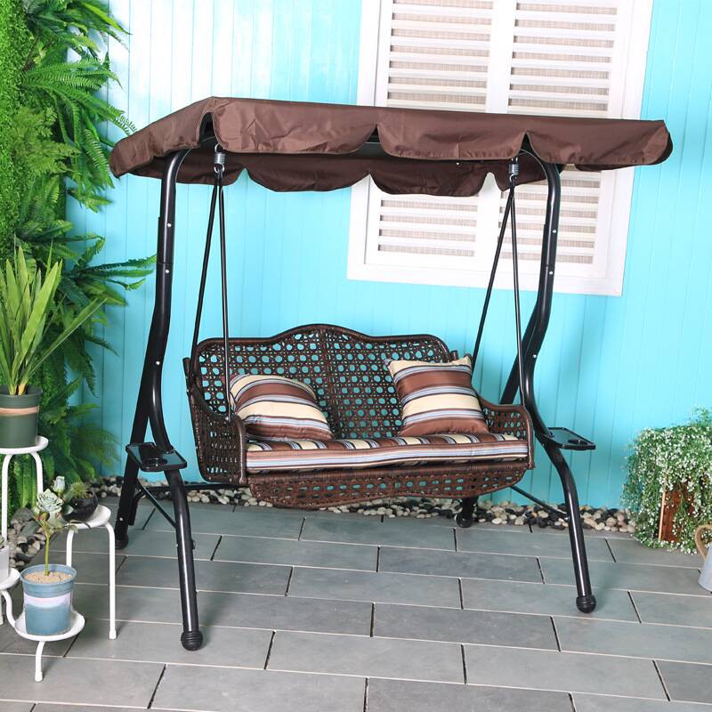 Aluminum Porch Swing with Stand for 2, Upholstered Cushions, Canopy, and Stand