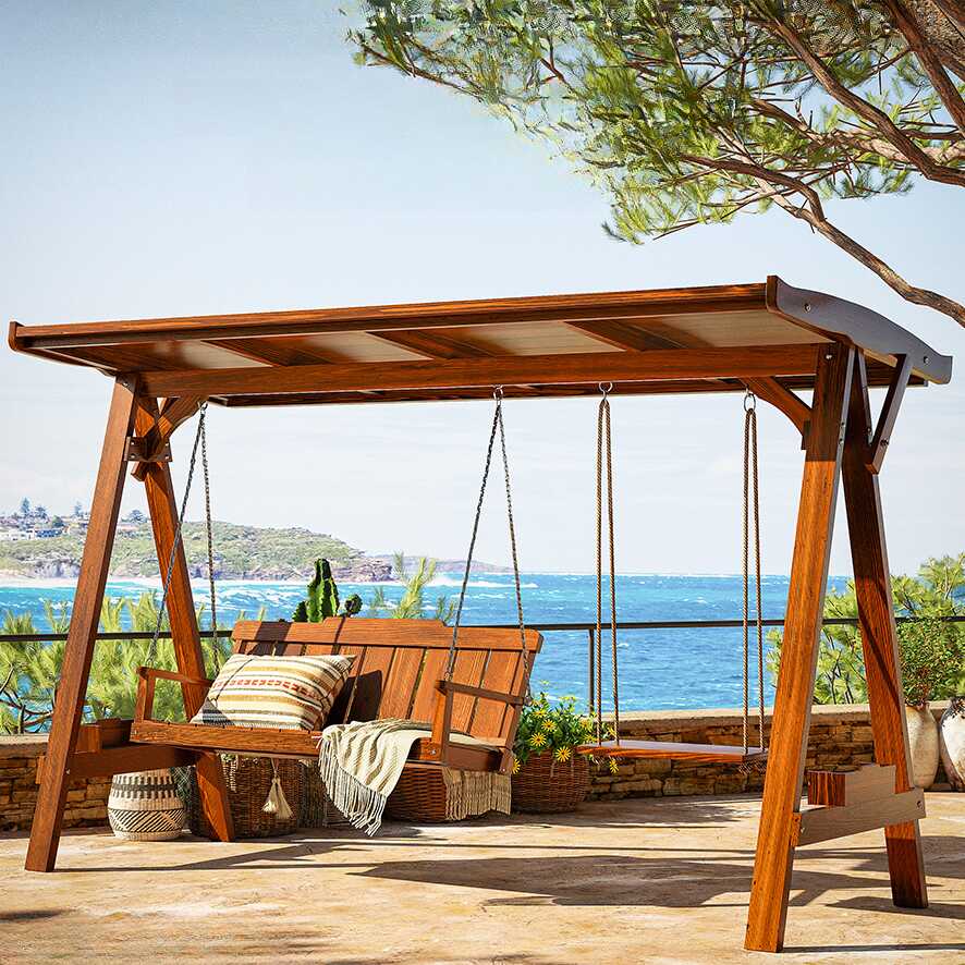 Azure/Sepia/Lemon Colour Porch Swing with Stand for 3, Pine Wood Frame, Includes Chain, Canopy, and Stand