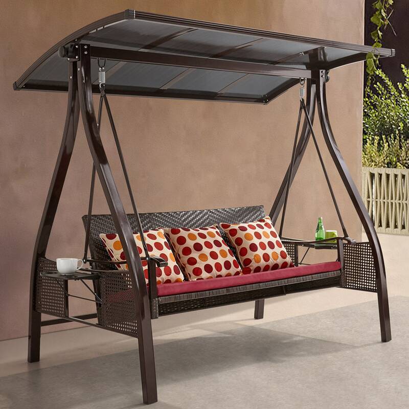 Sepia Aluminum Porch Swing with Stand, Upholstered Cushions, Canopy, and Stand