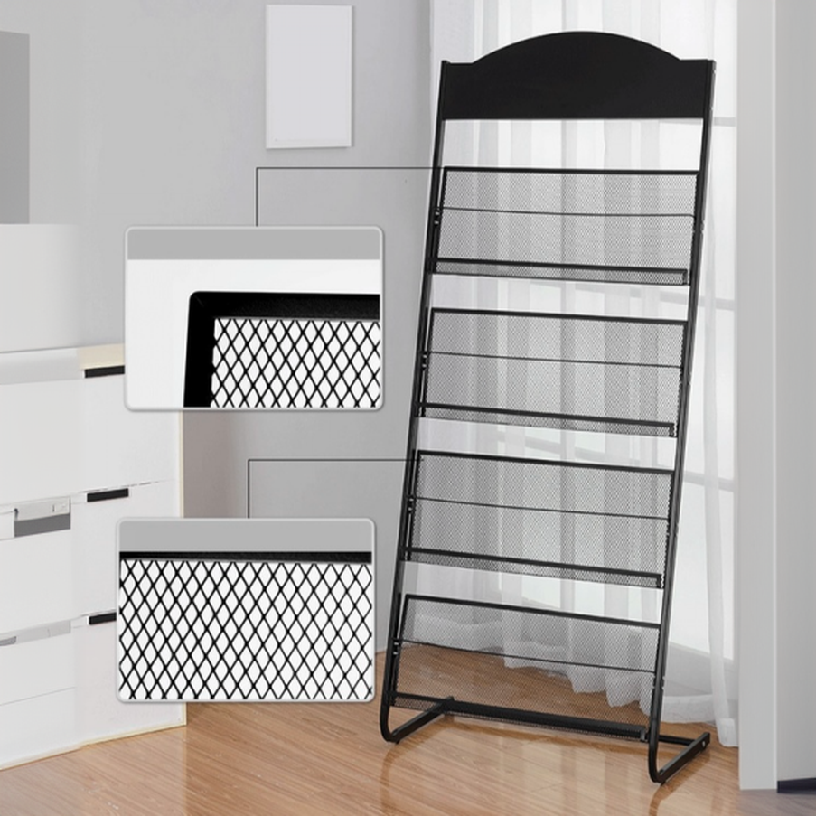 Modern Steel Magazine Organizer with Shelves, Freestanding Design, 15 in & Above Length, 10 in & Above Height