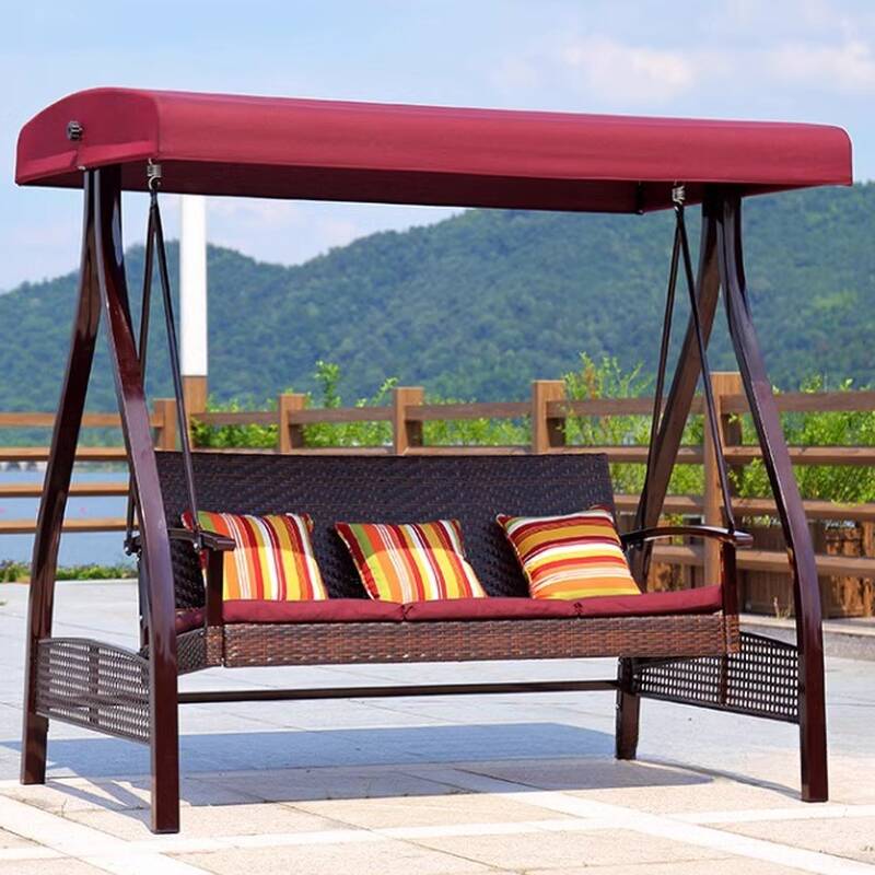 Pecan Iron Porch Swing with Stand, Upholstered Cushions, Canopy, and Stand