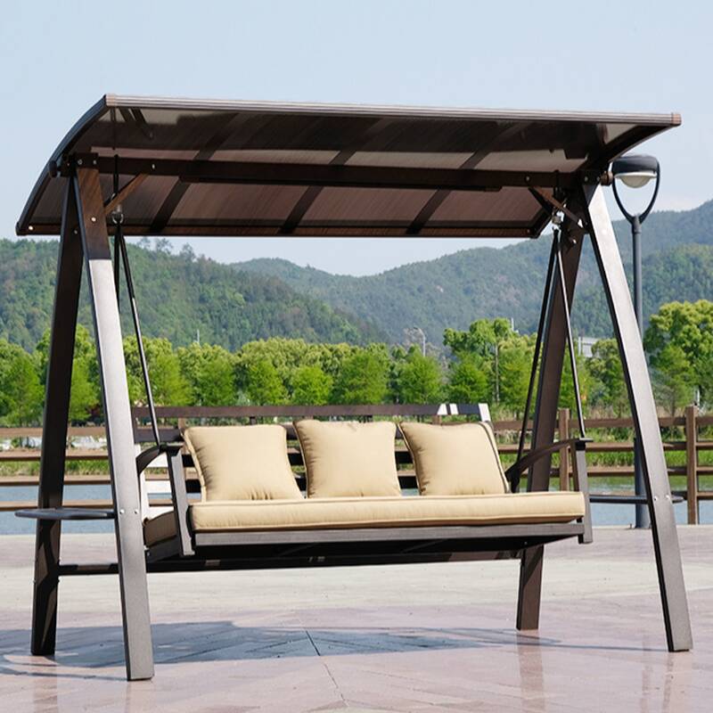 Steel Porch Swing with Stand, Upholstered Cushions, Canopy, and Stand