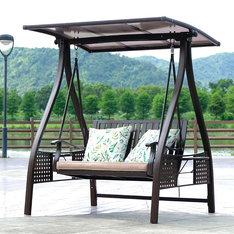 Pecan Alloy Porch Swing with Stand, Upholstered Cushions, Canopy, and Stand