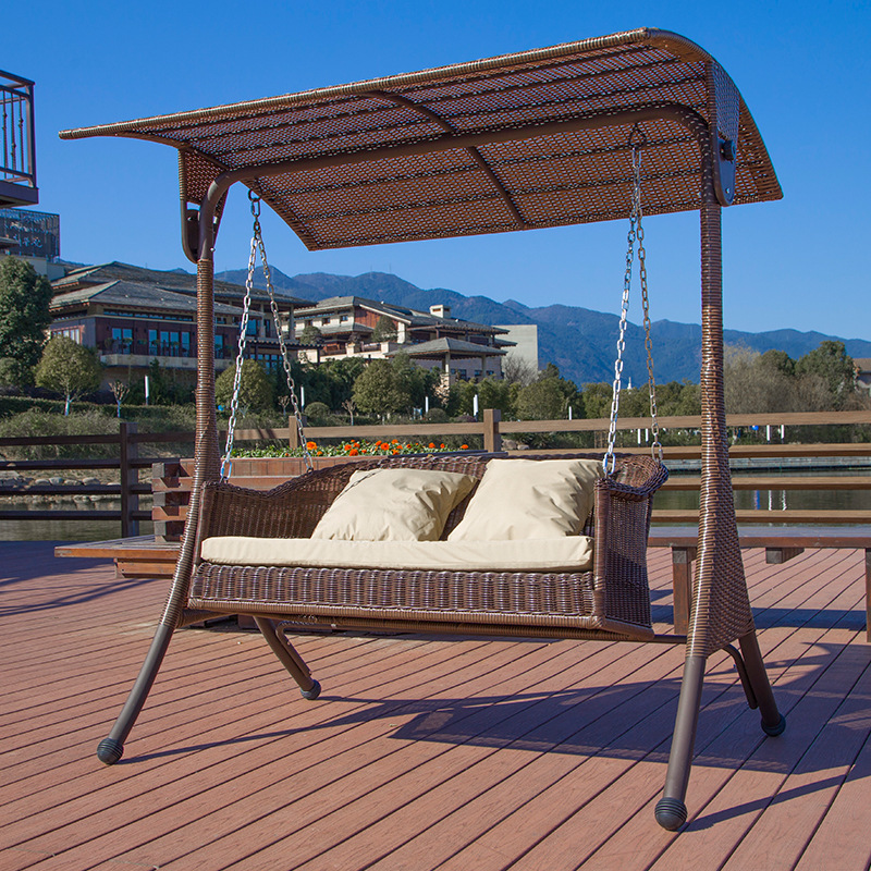 Light Brown Aluminum Porch Swing with Stand, Upholstered Cushions, Chain, Canopy, and Stand