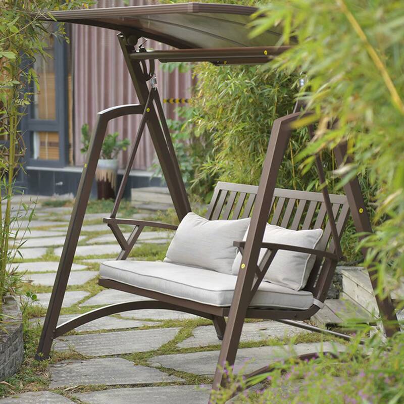 Pecan Aluminum Water-resistant Porch Swing with Stand for 2, Upholstered Cushions, Canopy, and Stand