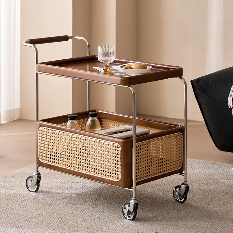 Versatile Natural Wood Chairside Table with Wheel Base, Ink/Caramel/Natural Colour, Roller Wheels, Rectangle Tray Top, and Shelf