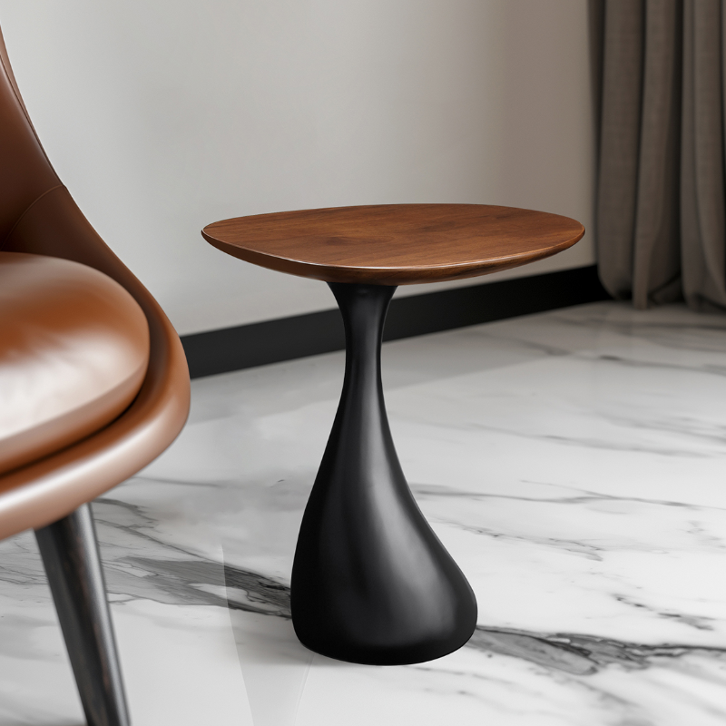 Simple Elliptical Brown Walnut Wood Stool Table with Pedestal Base