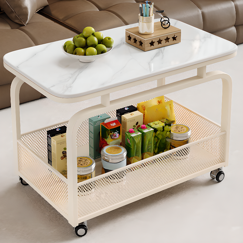 Simple Chairside Table Only with Sintered Stone Top, Wheel Base, Roller Wheels, Square/Rectangle Shape, and Shelf