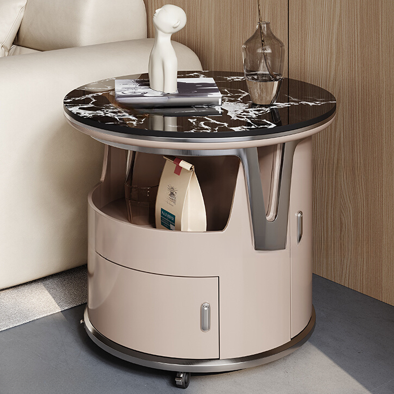 Round Ink/White Stool Table with Wheel Base, Roller Wheels, Compartment, Locker, and Door
