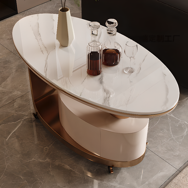 Simple Elliptical White Sintered Stone Stool Table with Wheel Base and Roller Wheels Compartment