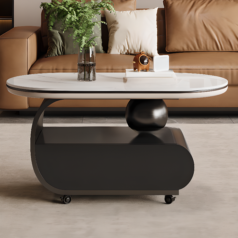 Simple Stone Elliptical Wheel Coffee Table with Compartment & Wheels, Table Only