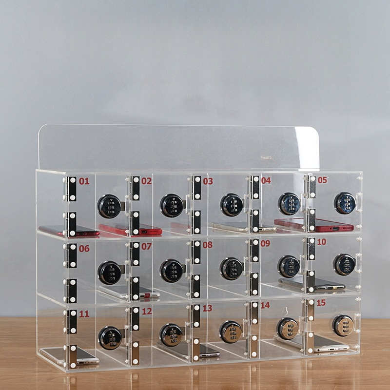 Clear Polymethyl Methacrylate 4-Layer/3-Layer Cell Phone Lockers with Clear Doors, 10 or More Compartments, 3-Wide/5-Wide or More, Includes Locker Base