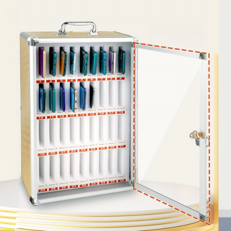 Gold Metal Cell Phone Lockers with Clear Doors, Lockable Lock, Name & Number Plate, and Locker Base
