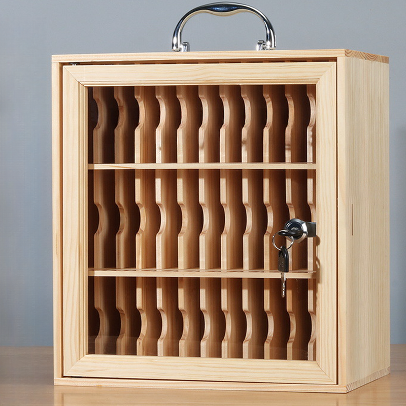 Wood Grain Modern Pine Wood Cell Phone Lockers with Clear Doors, Lockable Lock, and Locker Base