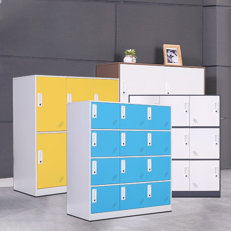 Steel 2-layer/3-layer/4-layer School Lockers with 6/9/10+ Compartments, 3-Wide, Lock, Name & Number Plate, and Locker Base
