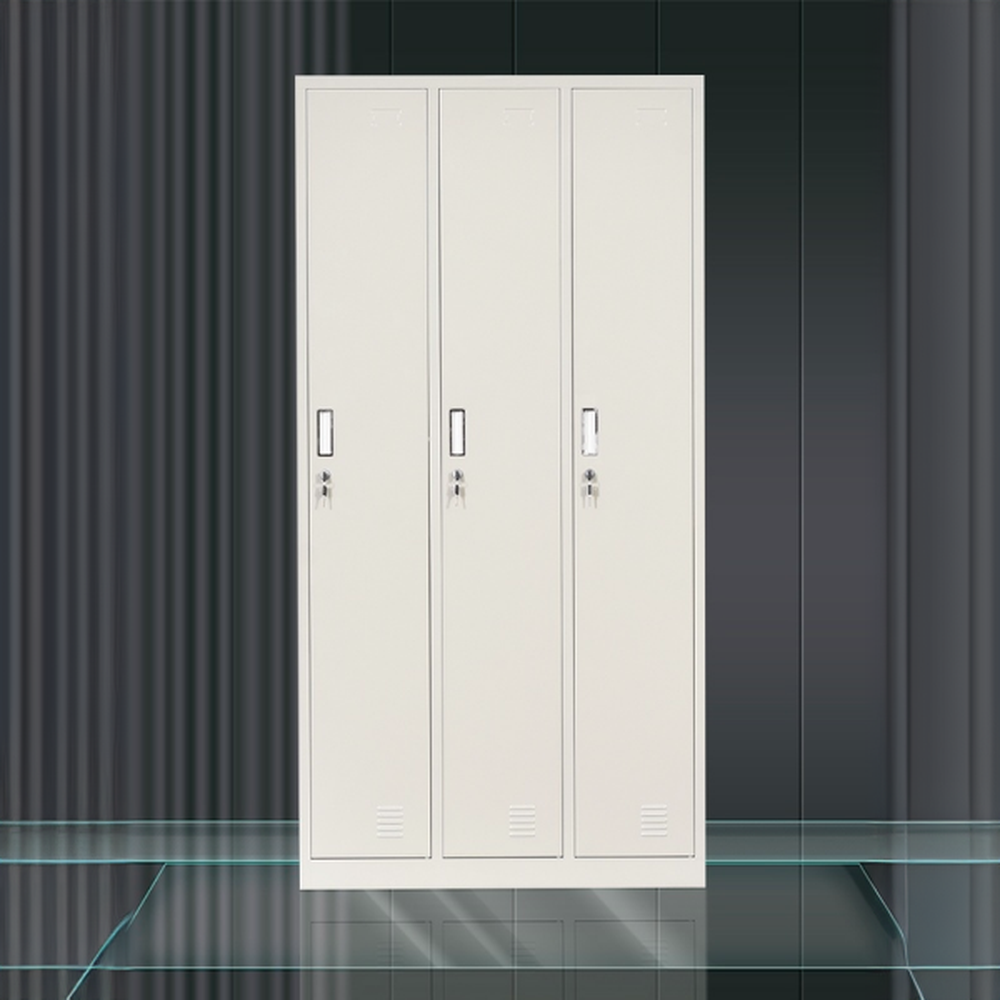 Metallic 2-Tier Employee Lockers with Clear Doors, Three Compartments, 2-Wide, Lock and Locker Base