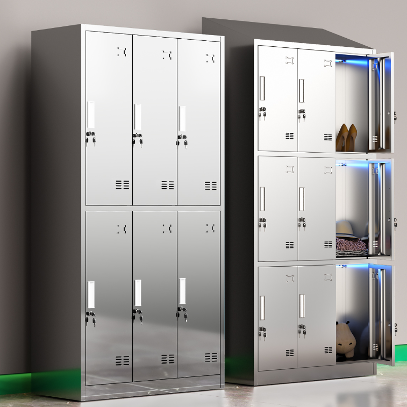 Metallic Stainless Steel Employee Lockers/Pizza Cutter with Partial Assembly, Shoe Storage, Ventilated Doors, 3-Wide, and Individual Slope Top