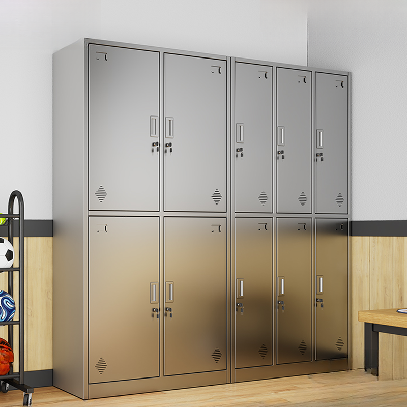 Metallic Stainless Steel 2-tier Employee Lockers with Shoe Storage, Ventilated Doors, and Six Compartments/Four Compartments, 3-Wide/2-Wide