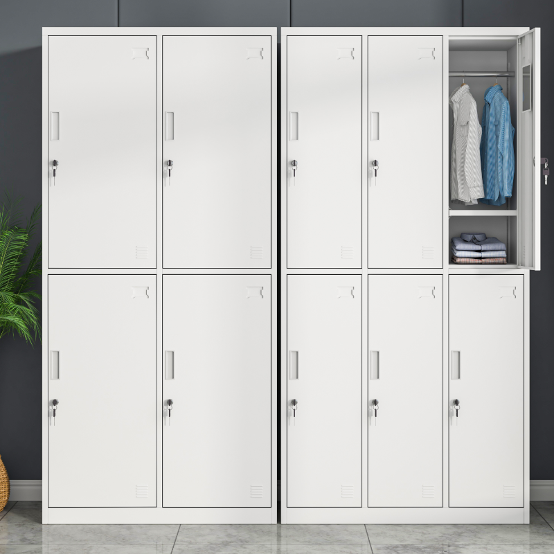 White 5-Tier Employee Lockers with 10 or More Compartments, 3-Wide, Lock, Name & Number Plate, and Locker Base