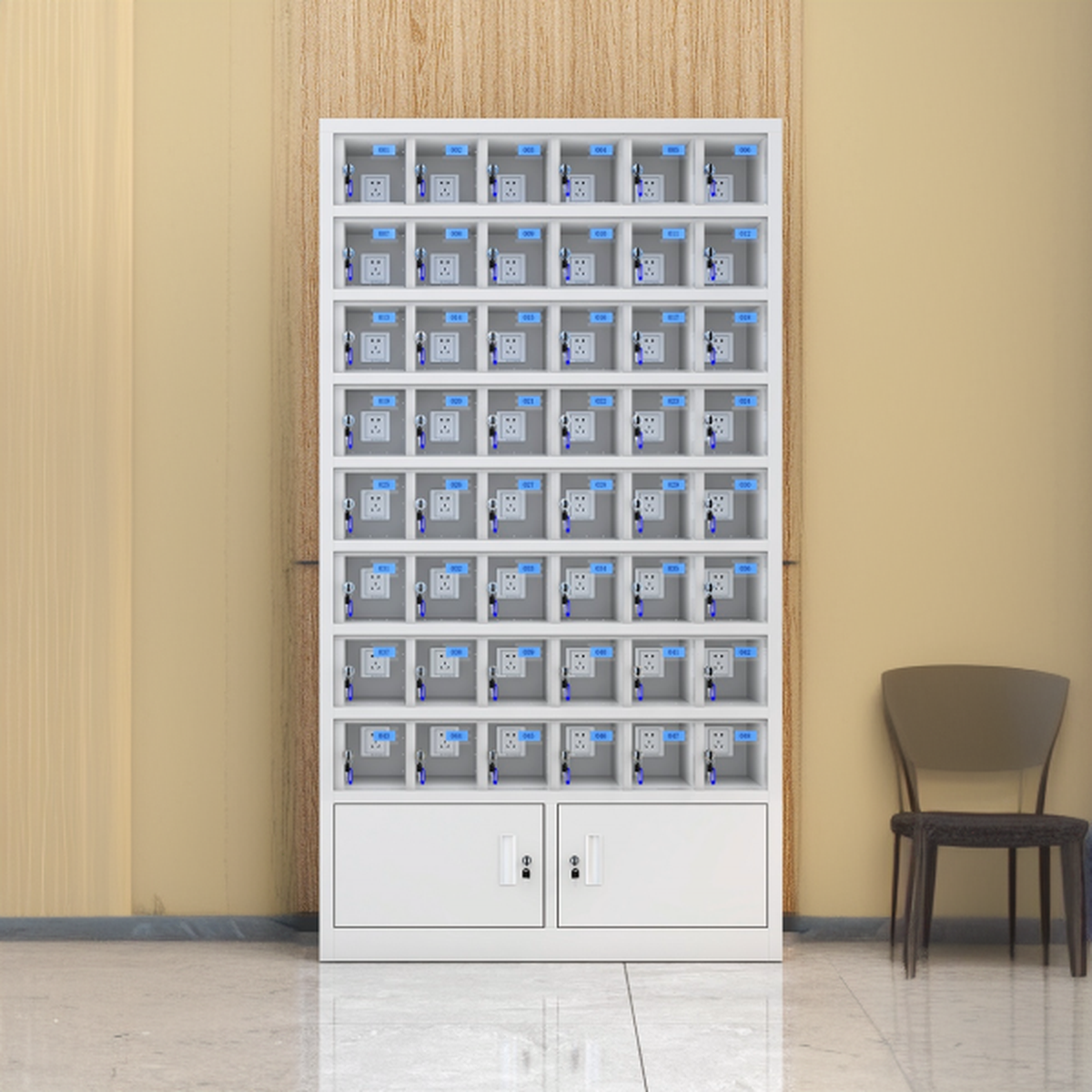 Chalk 6 or More Tier Cell Phone Lockers with Clear Doors, Featuring 10 or More Compartments, 5-Wide, with Lock and Locker Base
