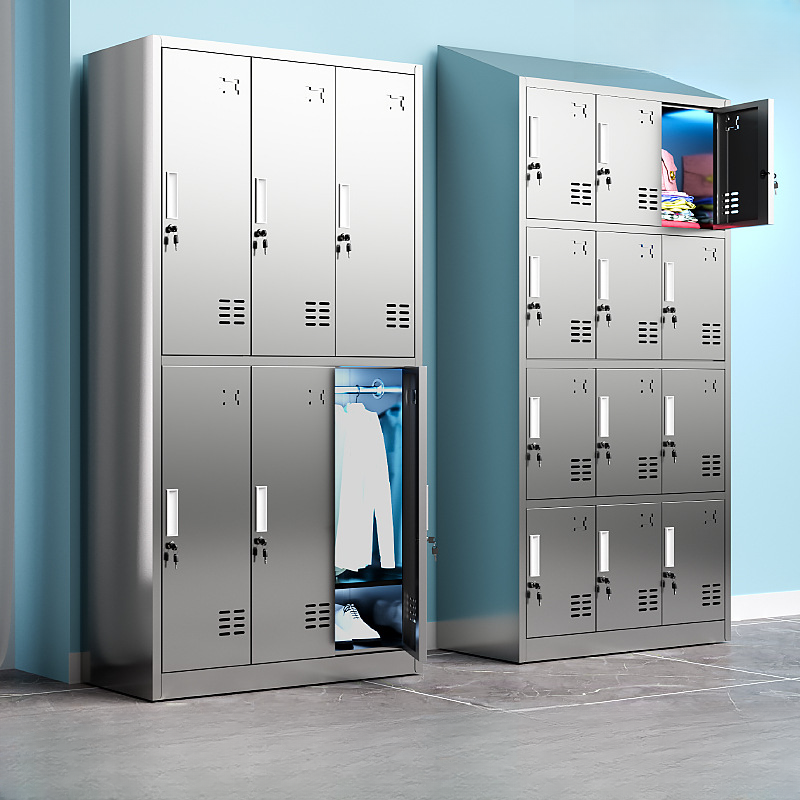 Metallic Stainless Steel 3-layer/4-layer Employee Lockers with Key Locking Mechanism, Ventilated Doors, 9 Compartments/8 Compartments, 3-Wide/2-Wide