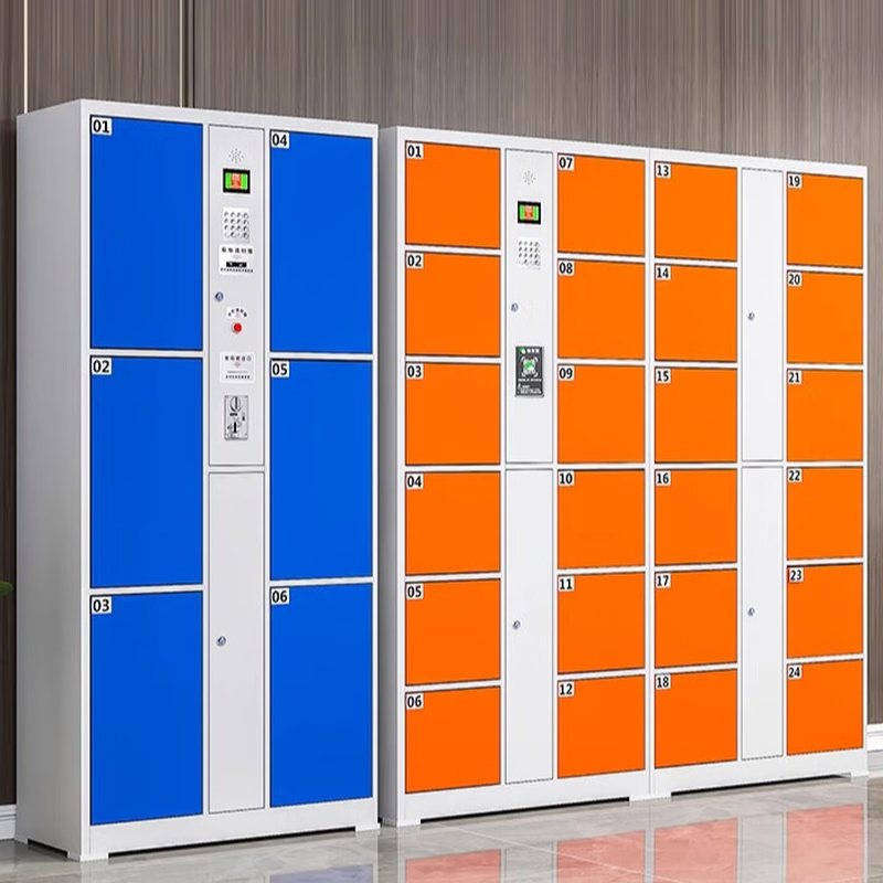 Azure/Light Green/Bright Orange Commercial Lockers with 6 or more Tiers, Personalization, 10 or More Compartments, 2-Wide, and Locker Base