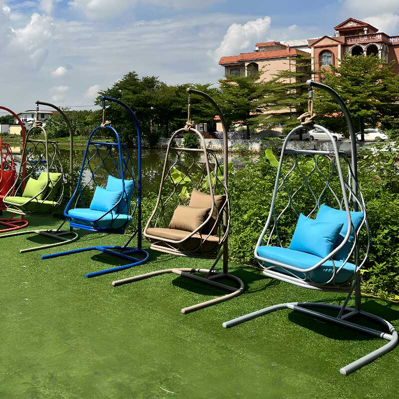 Azure/Light Green/Light Brown Finish Aluminum Porch Swing with Stand, Upholstered Cushions, and Stand