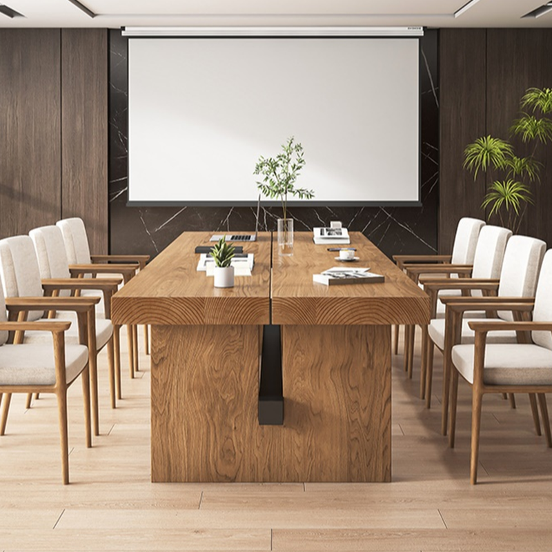 Light Natural Brown Modern Simple Style Anti-stain Rectangle Meeting Table for 6-12 with Solid Wood Tabletop