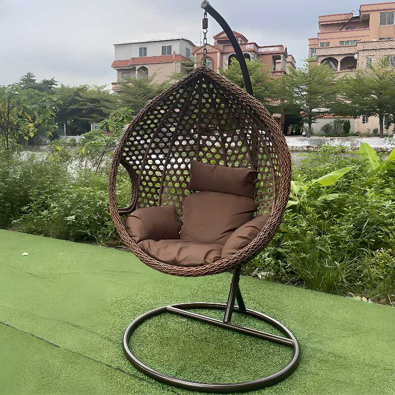 Pecan Finish Alloy Porch Swing with Stand, Upholstered Cushions, Chain, and Stand