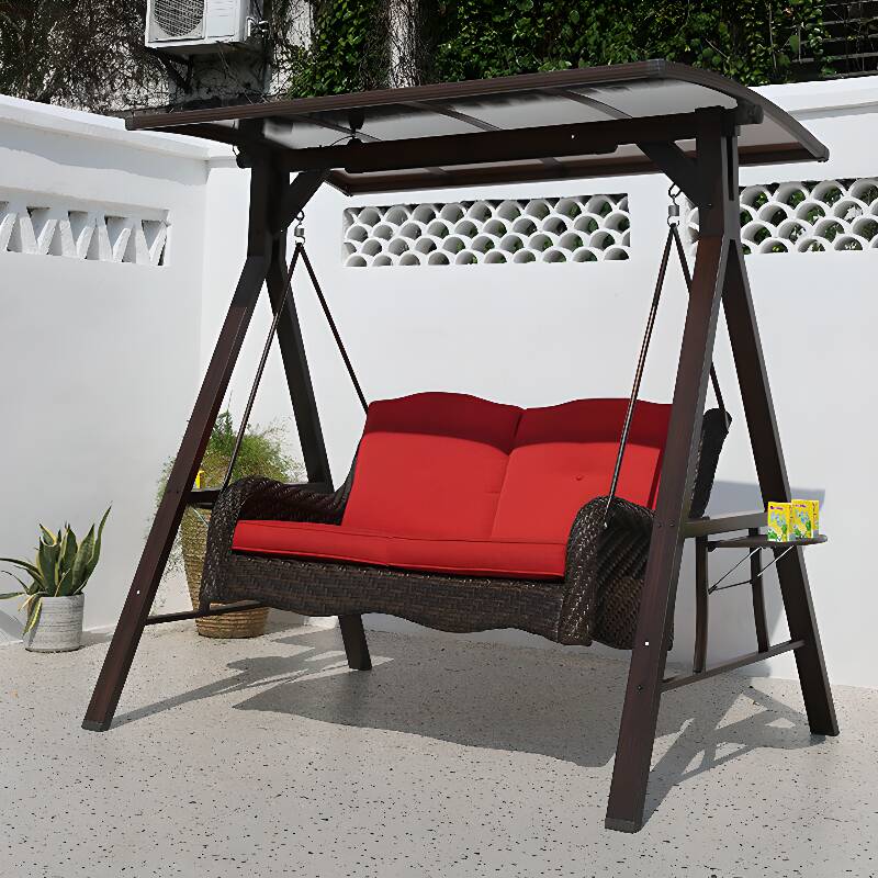 Tan Finish Porch Swing with Stand, Seating for 2, Aluminum Frame, Upholstered Cushions, Canopy, and Stand
