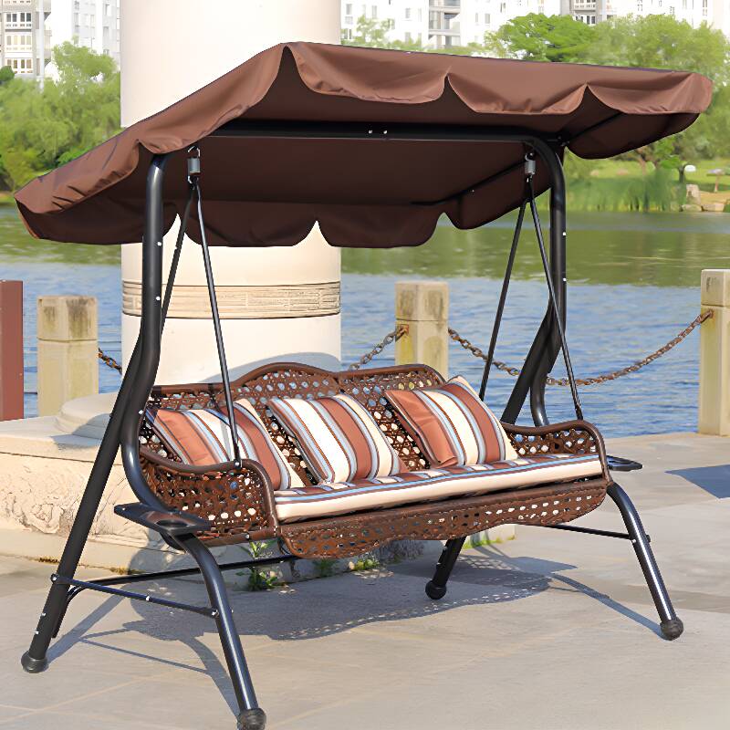 Tan Alloy Porch Swing with Stand for 2/for 3 with Upholstered Cushions and Canopy