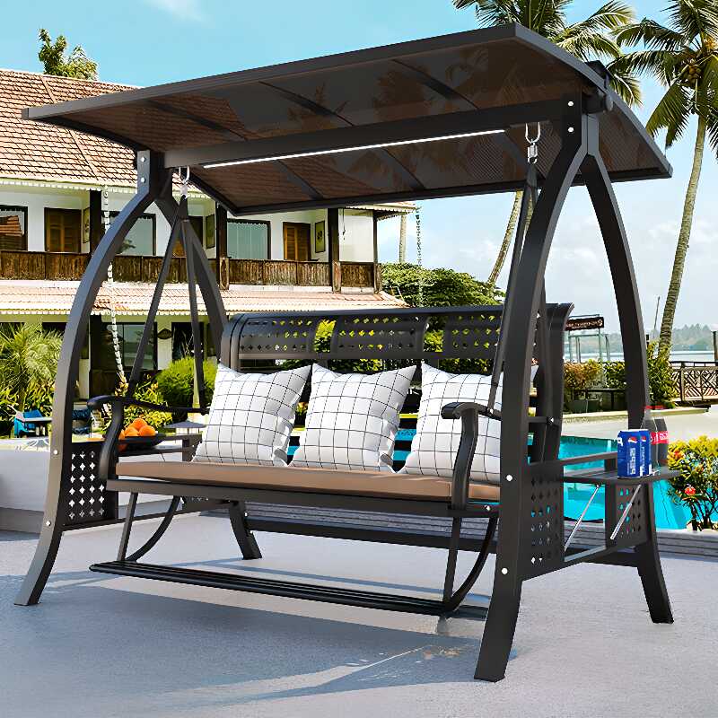 Iron Porch Swing with Stand for 3/Seating for 2 with Upholstered Cushions and Canopy