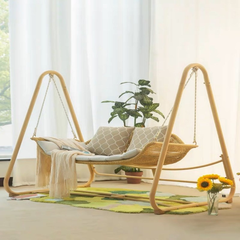 Light Brown Alloy Porch Swing with Stand and Upholstered Cushions
