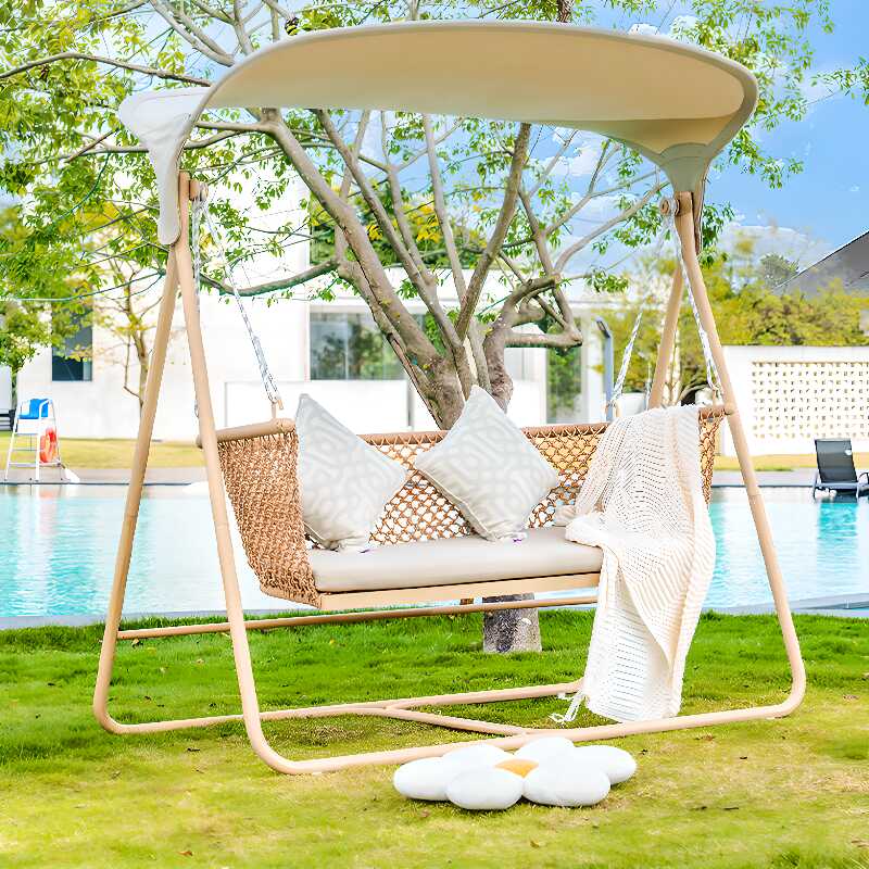 Light Brown Porch Swing with Stand for 2, Water-resistant Alloy Frame with Upholstered Cushions, Canopy, and Stand