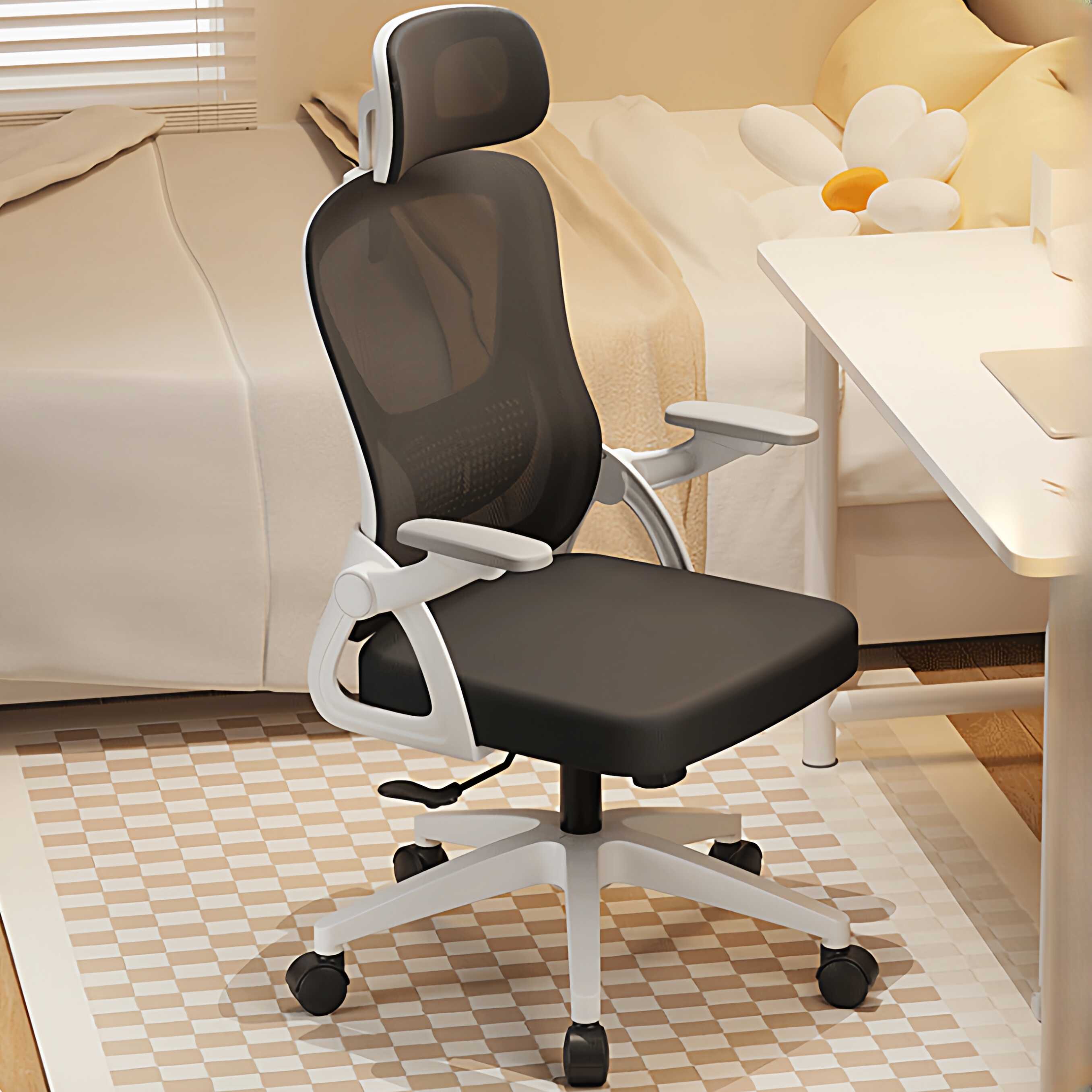 Midnight Black/Gray Upholstered Office Desk Chairs with Armrest, Casters, Lumbar Support, Flip-Up Armrest, and Adjustable Headrest