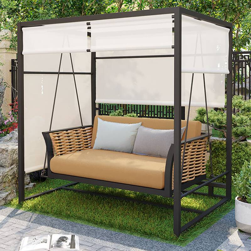 Water-resistant Aluminum Porch Swing with Stand and Upholstered Cushions, Complete with Canopy
