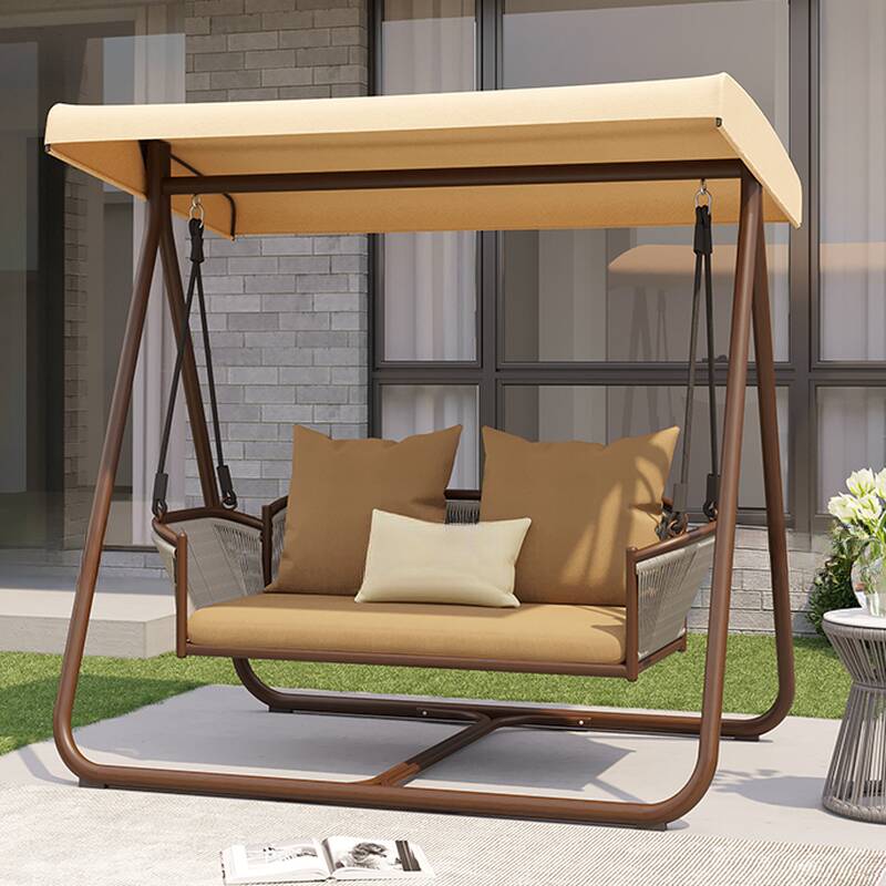 Beige/Light Brown Porch Swing with Stand for 2, Rust Resistant Alloy Frame, Upholstered Cushions, Canopy, and Stand